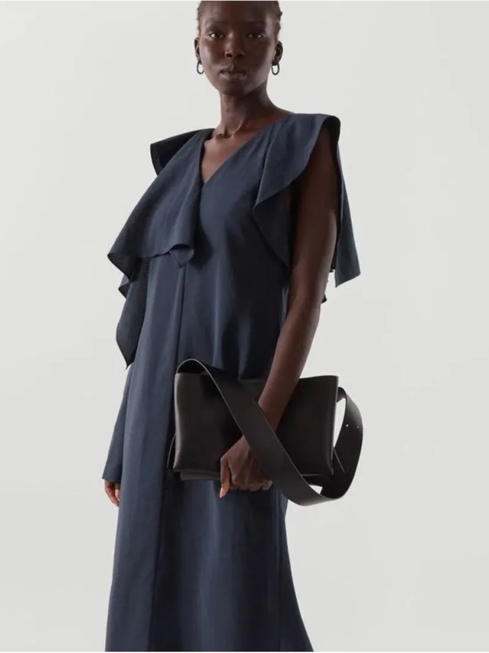 COS Navy Blue Asymmetrical Maxi Dress with Draped Shoulder 8 US - Picture 6 of 11